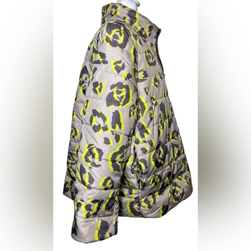 LOGO XL Lori Goldstein Reversible Puffer Jacket Women's Grey Neon Yellow Leopard - Picture 4 of 9